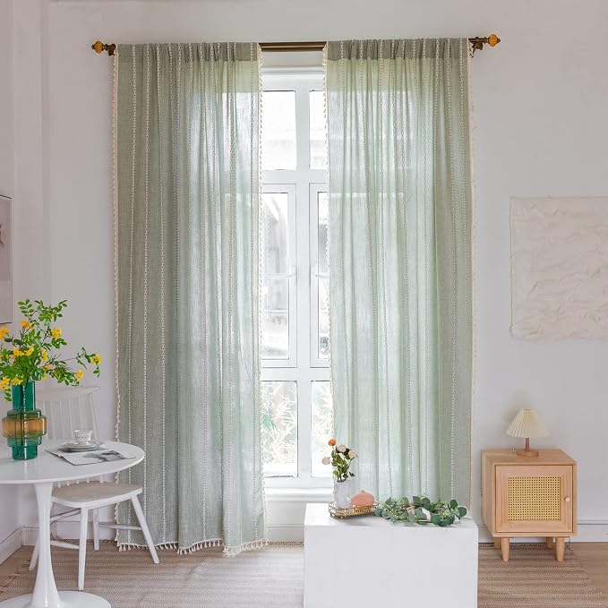 Boho Embroidery Striped Country Farmhouse Curtains - Sage Green Linen - 63 Inch Length, 2 Panels - Light Filtering - Living Room (52" W x 63" L)