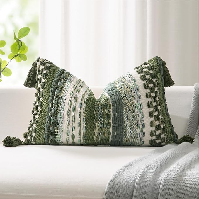 Kevin Textile 14x24 Inch Lumbar Throw Pillow Cover 1 Pack Boho Decorative Soft Chenille Thread Woven Tufted Textured Rectangle Cushion Case Farmhouse Accent for Living Room Couch Sofa Bed, Green
