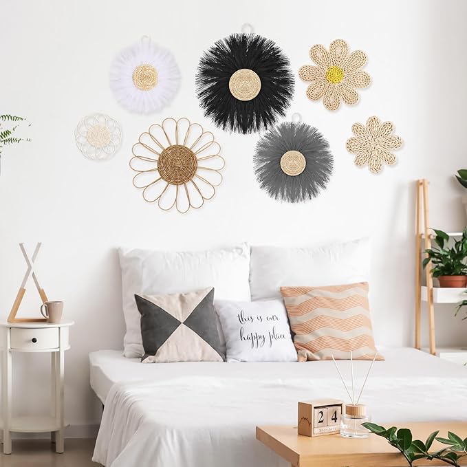 Chunful 7 Pcs Boho Wall Basket Decor Rattan Flower Wall Decor Nursery Daisy Flower Woven Macrame Hanging Flowers for Baby Kids Girls Farmhouse Bedrooms Living Rooms Kitchen Home(Light Grey)