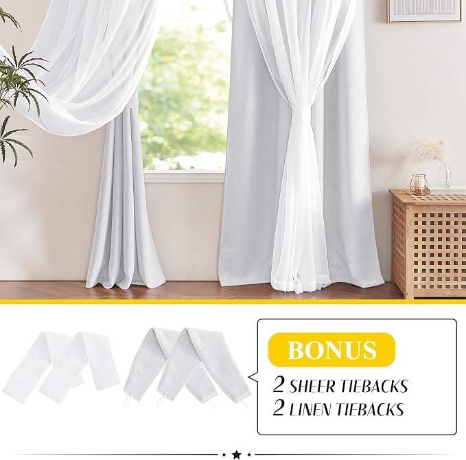 NICETOWN Double Layer Lined Curtains with Sheer Overly, Farmhouse Style Linen Blend Light Filtering Room Darkening Curtains for Kids Room, Bedroom Curtains (2 Panels, W52 x L84, Greyish White)