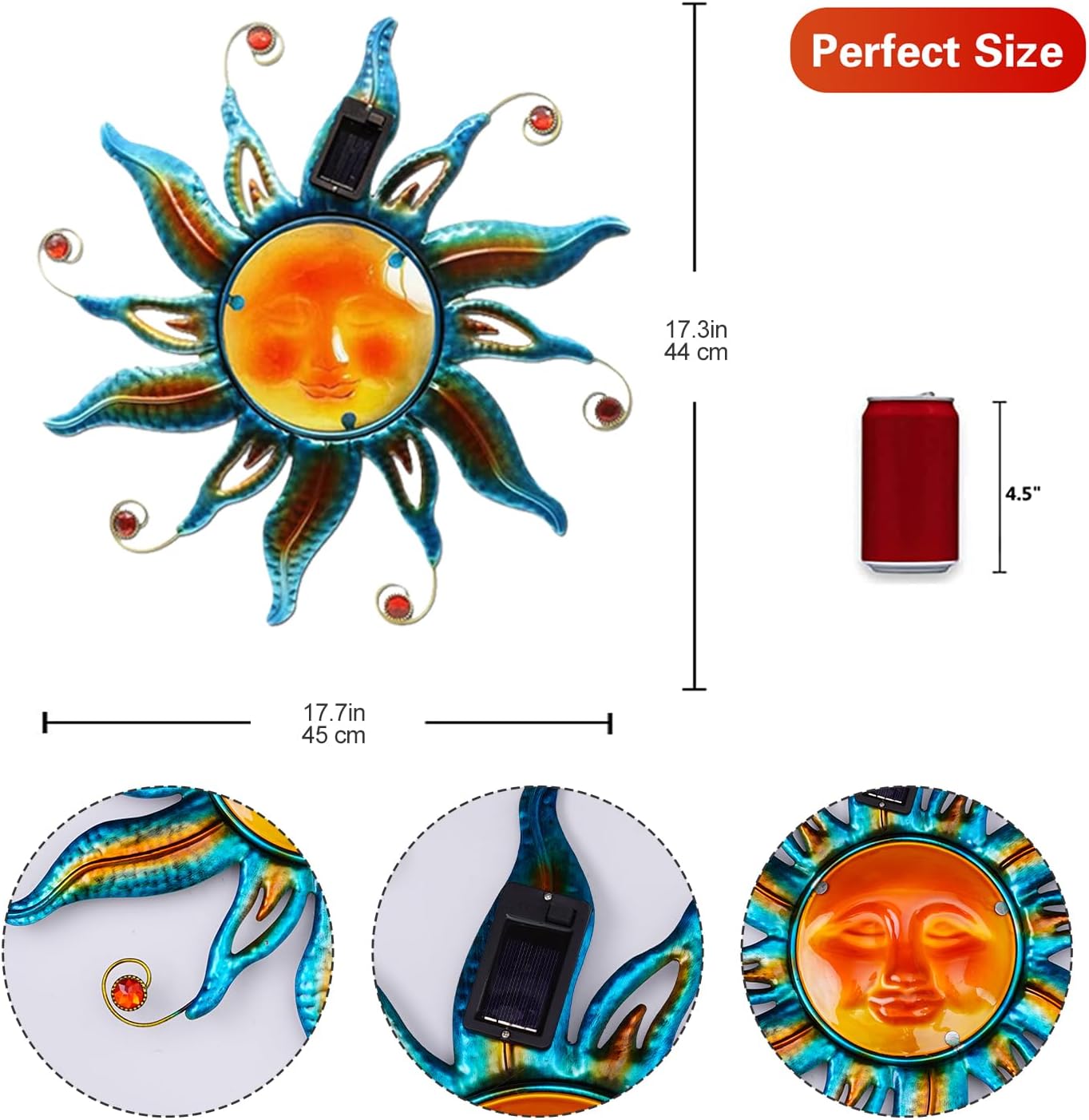 Goodeco Solar Sun Face Wall Art – Metal Outdoor Wall Decor with Solar LED Lights for Garden & Patio - Weather Resistant, Smiling Sun Face Design (18 inch, Blue)