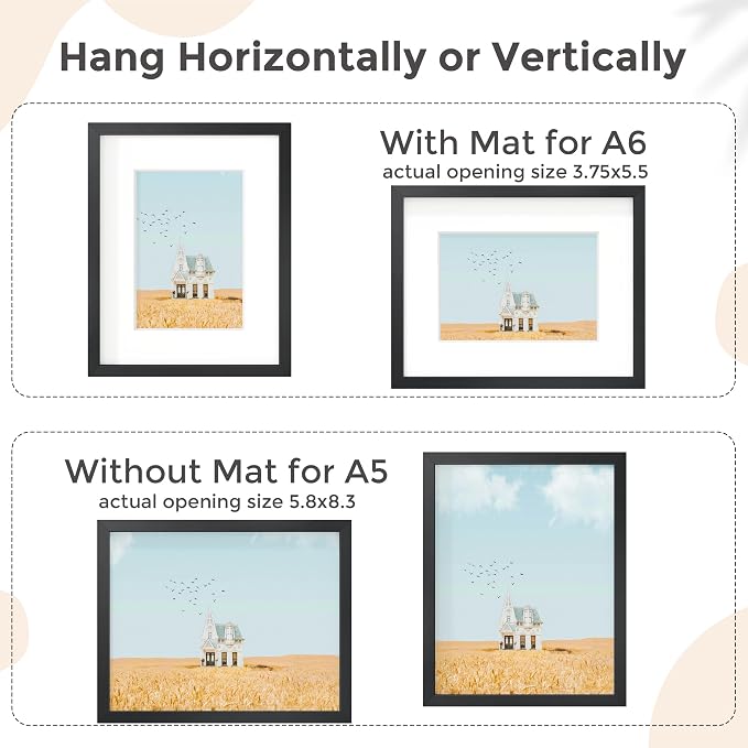 FLYJOE A5 Picture Frame Black - High-End Metal Frame for Wall, Photo Frame with Mat A6, Poster Frame 5.8x8.3, Aluminum Frame and Real Glass, Diploma, Certificates, Decor, Wall Kit, Black