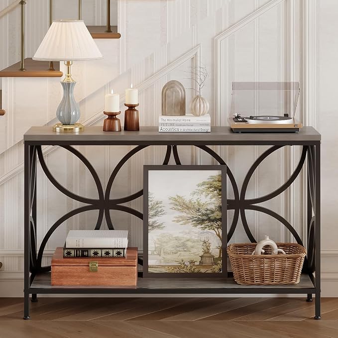 GiftGo Narrow Sofa Table 47.2 Inch, Industrial Sofa Table Behind Couch, Vintage Entry Console Table with Storage for Entryway, Living Room, Foyer, Elegant Design (Grey, 47.2)