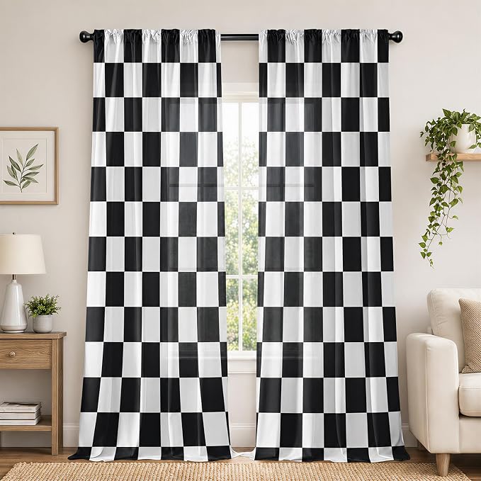 Black and White Curtains for Bedroom,Rod Pocket Checkered Semi Sheer Curtains Retro Plaid Light Filtering Curtains & Drapes for Living Room,Set of 2 Modern Window Curtain Panels,52 x 84 Inch