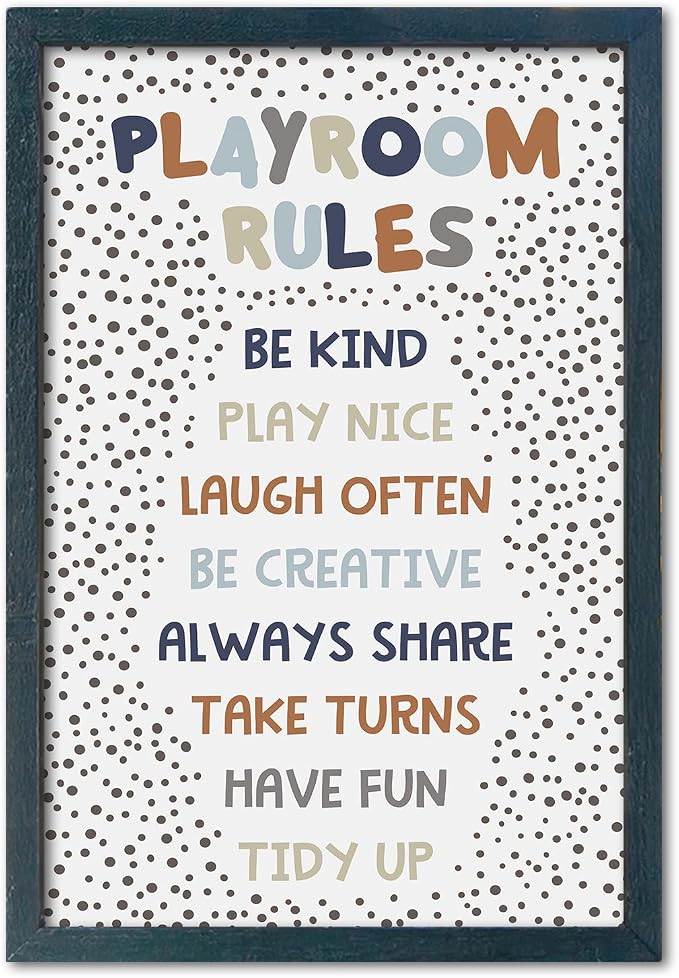 Playroom Rules Sign for Kids, 11x16 Black Wood Framed | Boho Neutral Polka Dot, Wall Decor