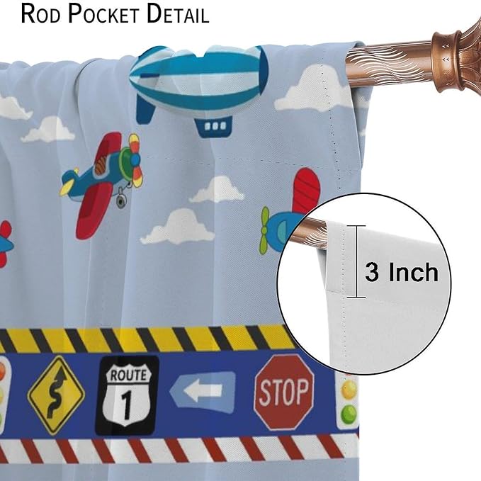 Cartoon Cars Curtain,Kids Boys Aircraft Vehicles Road Clouds Print Window Treatment Curtains for Kitchen Bedroom Cafe Dining Room Office Living Room Drapes, 52x84 in