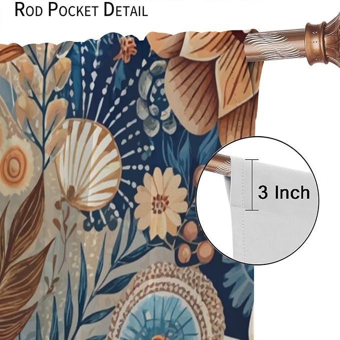 Bohemian-Style Floral Blackout Curtains, Suitable for Bedrooms and Living Rooms, Featuring A Vintage Botanical Pattern, Providing Insulation and Warmth, in Navy Blue and Brown42X54 Inch