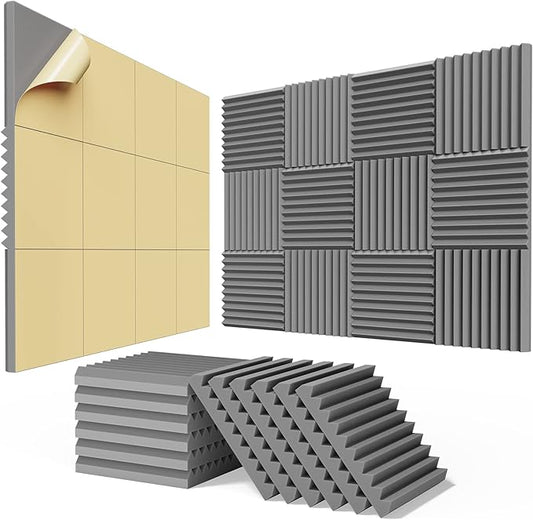 12 Pack Sound Proof Foam Panels for Walls,Self-Adhesive Foam Acoustic Panels Sound Absorbing,High Density Quick-Recovery Soundproof Wall Panels 1" X 12" X 12"-Gray
