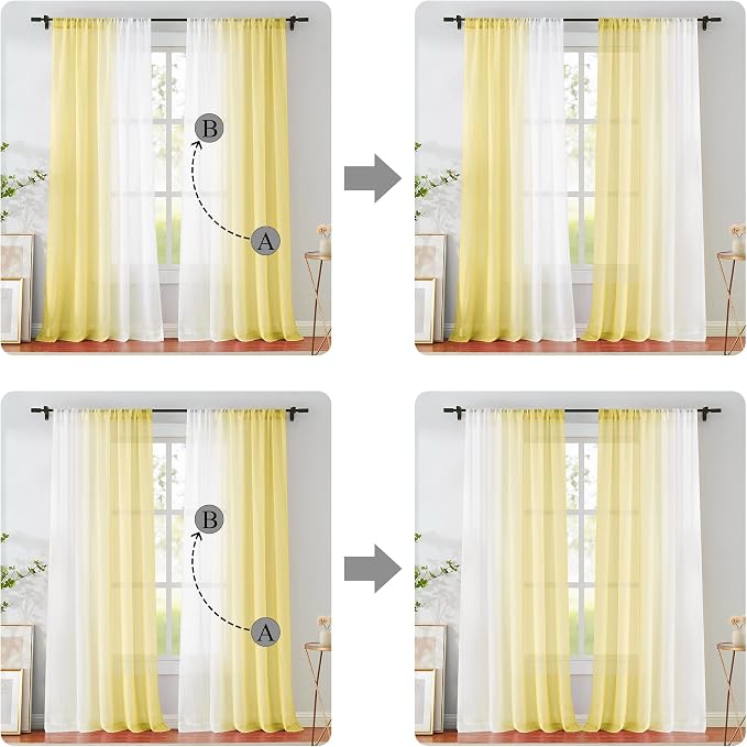 Yellow Ombre Chiffon Sheer Curtain 63 Inch Long for Living Room Crinkle Semi Sheer Curtain Panels for Bedroom, Gradient Light Filtering Window Drapes Set of 2 for Kids Room, Office, Rod Pocket, 52"W