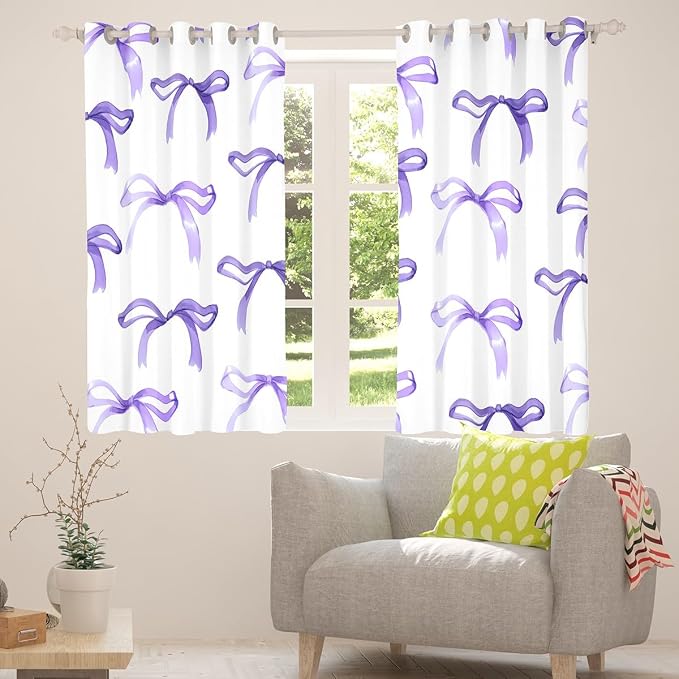 Feelyou Bow Room Darkening Blackout Curtain Boys Girls (2 Panels, 38 x 45 Inch) Purple Girls Bow Curtains for Bedroom Living Room Cute Bowknot Blackout Curtains Kawaii Window Treatments