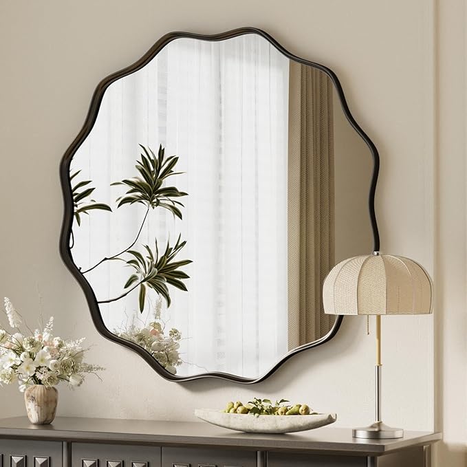 VooBang Black Scalloped Circle Mirror, 30" Wavy Edge Round Wall Mirror with Tempered Glass Textured Circular Metal Deep Frame, Hanging Leaning for Bathroom, Hallway, Entryway, Livng Room