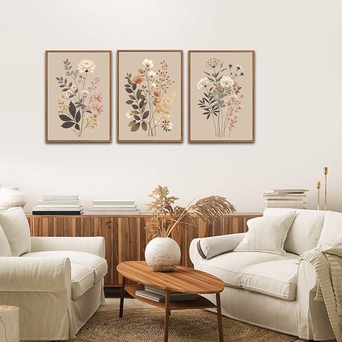 CHDITB Vintage Flower Framed Canvas Wall Art Set, Large Neutral Wildflowers Wall Decor, Farmhouse Floral Artwork Botanical Poster, Modern Art Prints for Living Room Bedroom Office Size 16"x24"