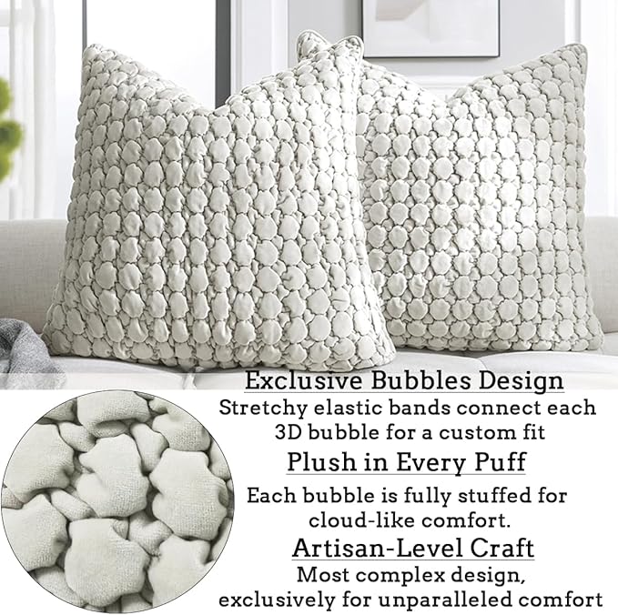 Throw Pillow Covers 18x18 Set of 2 Velvet Square Pillowcase Soft Skin-Friendly Thickened Decorative Farmhouse Cushion Covers Soft Bubble Texture for Couch Bedroom Living Room,Beige Gray