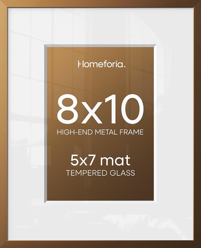 Homeforia Bronze Picture Frames 8x10, High End Metal 8 x 10 Photo Frame with Mat 5 x 7 Art, 10x8 Brass Frame Matted to 5x7 inch Print, 8by10 Wall or Tabletop Frames, Tempered Glass, Wall Kit, Set of 4