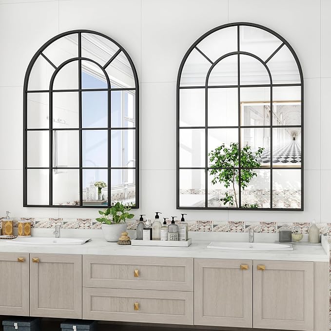 30"×40" Windowpane Arched Wall Mirror, Grid-Designed Decorative Farmhouse Wall Mounted Mirror with Metal Frame Hanging Leaning for Entryway, Living Room, Home Decor, Black