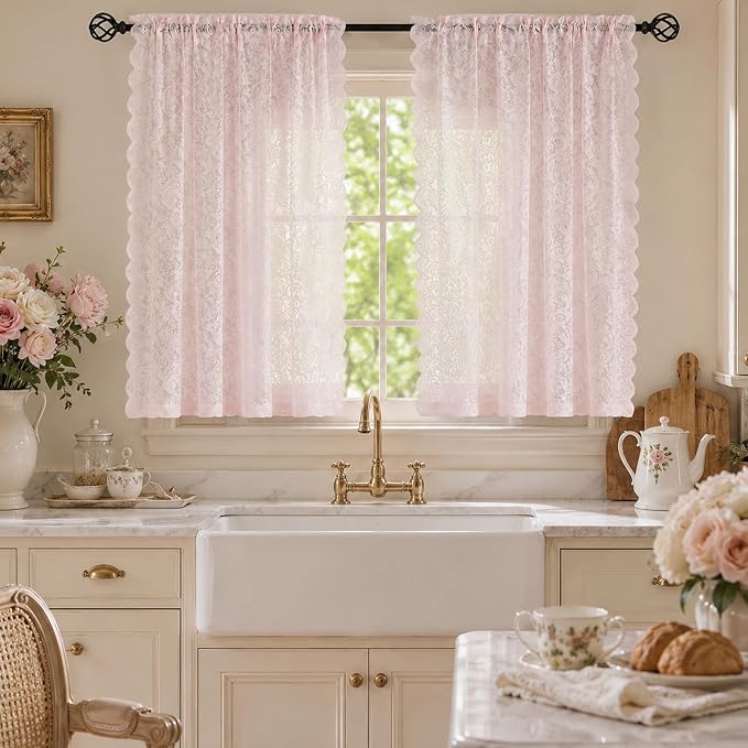 ALIGOGO Pink Kitchen Curtains 45 Inch Length 2 Panels | Short Lace Cafe Curtains, Semi-Sheer, for Dorm Closet, Girly Kids Bedroom, Light Filtering&Privacy, 52W x 45L Inch