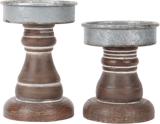GenMous&Co. Decorative Candle Holders Pedestal Rustic Wood for Pillar Candle Farmhouse Candlestick Holder Galvanized Plate for Mantel, Dining Table, Centerpiece,Coffee Bar,Set of 2（Brown