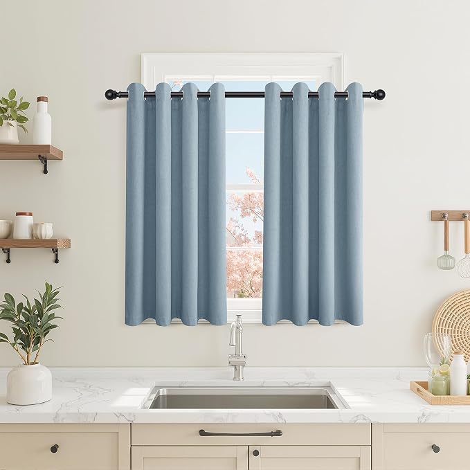 Jowels Blue Linen Blackout Curtains 58 Length 2 Panels Set for Living Room Bedroom, 100% Black Out Thermal Insulated Linen Drapes, Room Darkening Grommet Curtains 58 Inches Long