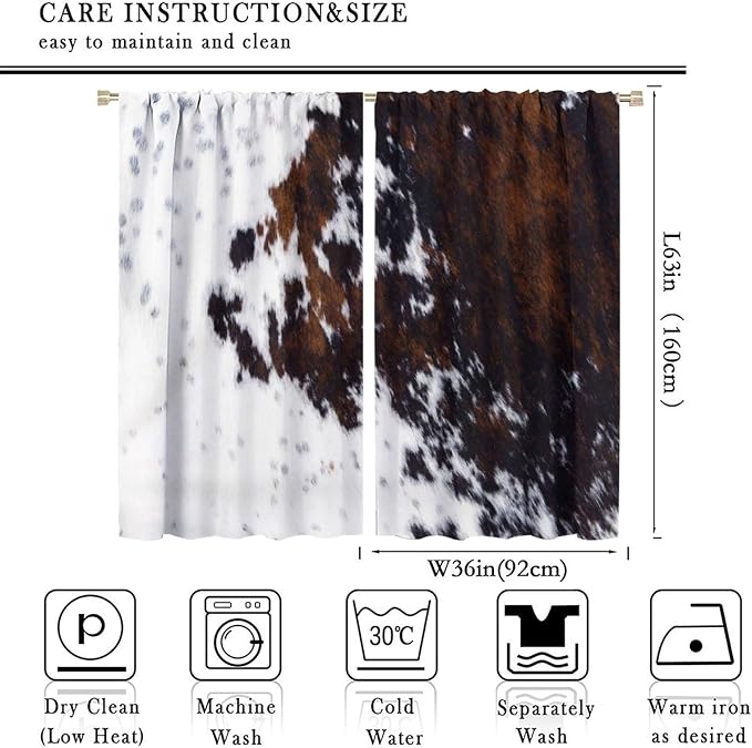 Cow Print Blackout Curtain,Retro Farm Style Animals Brown Cowhide Cow Fur Print Window Treatments Rod Pocket Curtain for Bedroom Living Room Kitchen Decor Drapes 72x63in