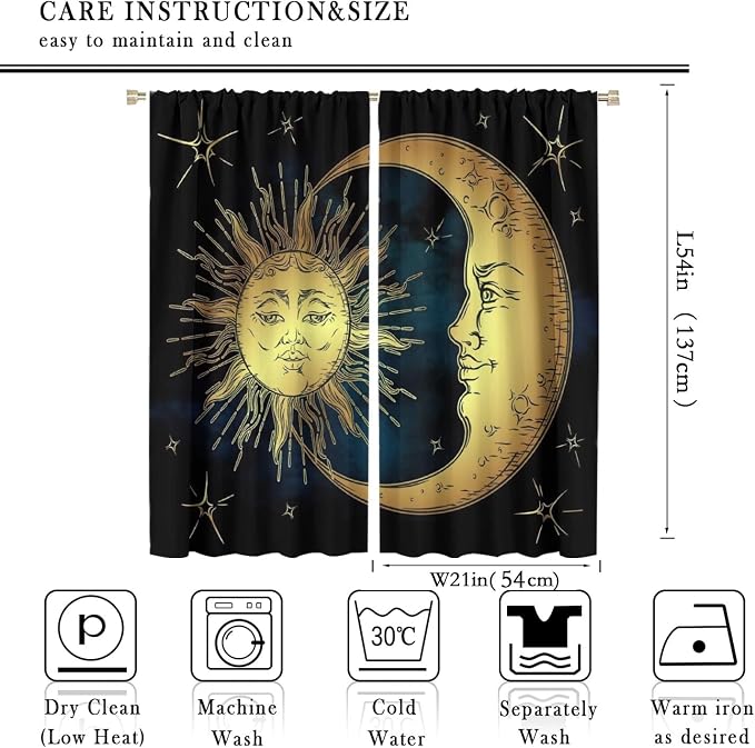 Sun Moon Blackout Windows Curtains, Boho Chic Art Golden Sun Moon and Stars Over Blue Black Sky Antique Style Curtains, for Living Room Bedroom 42x54in 2 Panels