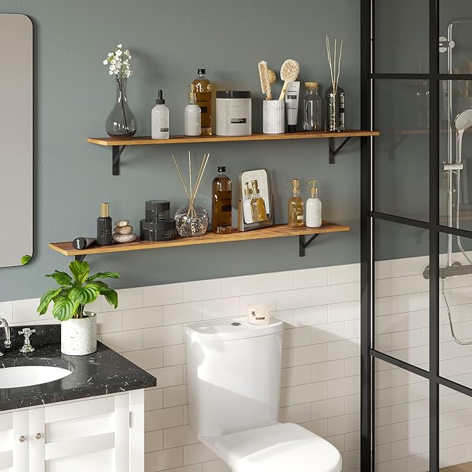 DINZI LVJ Long Wall Shelves, Set of 4, 55.1Inch Wall Mounted Shelves, Extra Large Floating Storage Ledges with Sturdy Metal Brackets for Living Room, Laundry, Garage, Closet, Rustic Brown