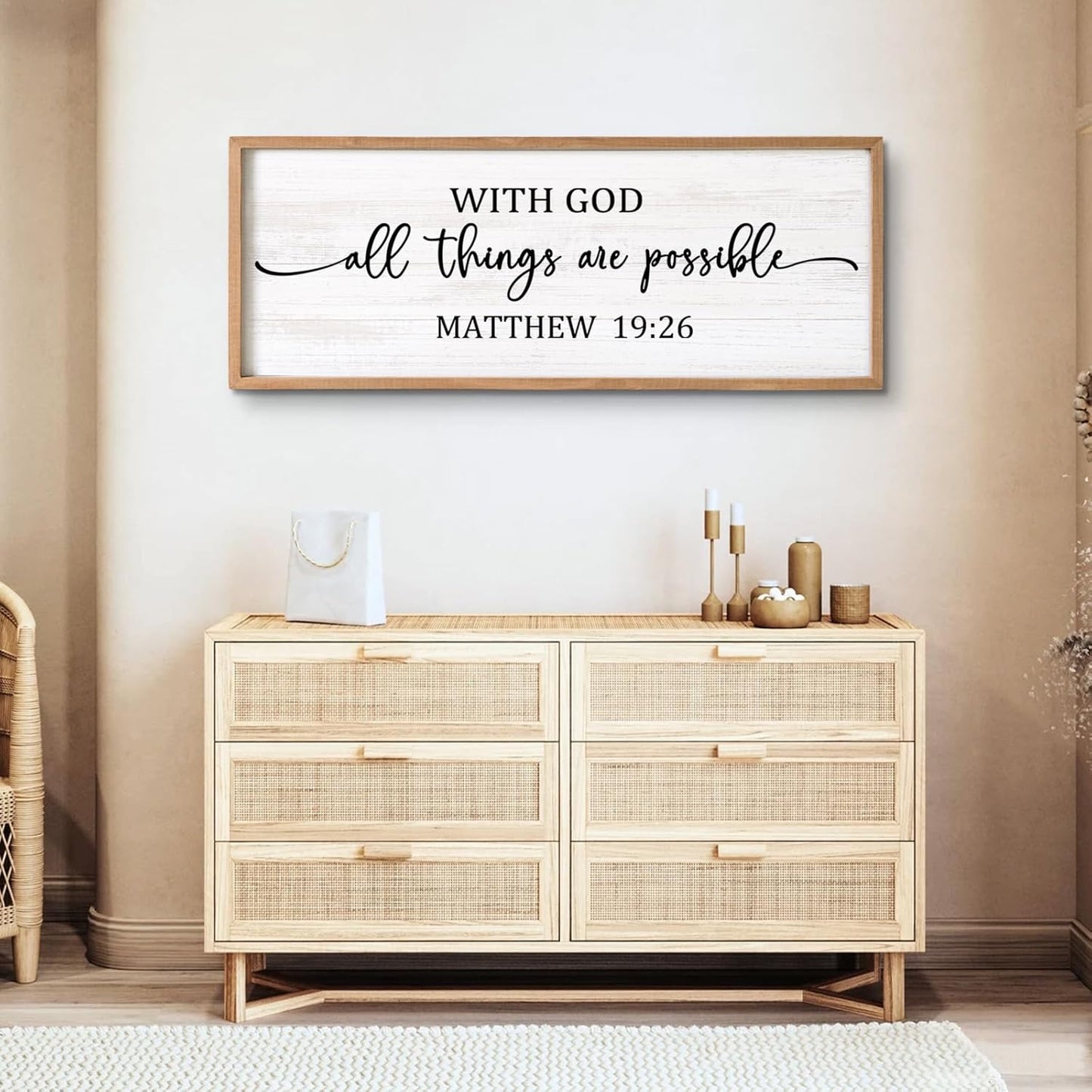 With God All Things are Possible Framed Wall Art, 40''×15'' Positive Religious Rustic Bible Verse for Christian God Jesus Christ Prayer, Vintage Horizontal Holy Inspirational Catholic Scripture Decor