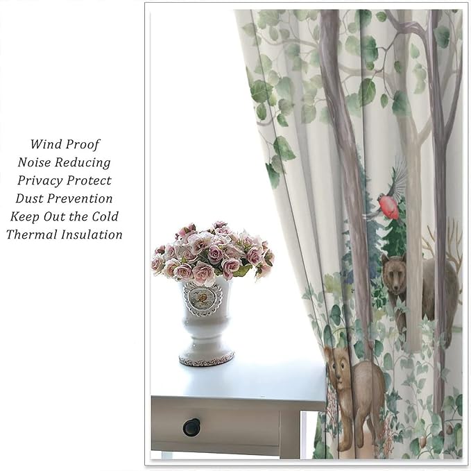 Forest Animal Kids Curtains, Wild Rustic Bear Fox Deer Children Cartoon Window Treatments for Living Room, Watercolor Blackout Drapes 2 Panel Sets,52x84 Inch