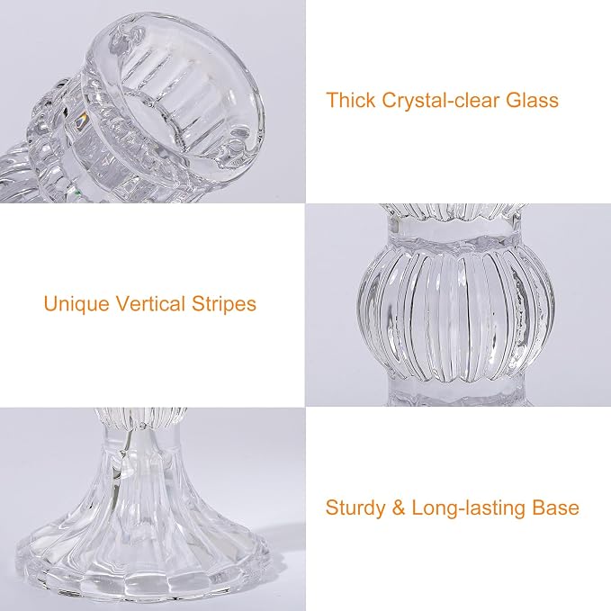 Lewondr Glass Candle Holders, 3 Pack Simple Candle Holders for Pillar and Taper Candle, Vertical Stripe Design Candlesticks Tablet Candle Holder Holiday Home Decoration for Dinner Table, Clear