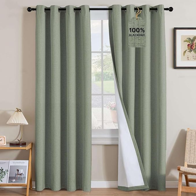 H.VERSAILTEX Linen Curtains 100% Blackout Curtains for Bedroom 54 inch Long Full Light Blocking Nature Linen Blended Window Curtains for Living Room Nickel Grommet (2 Panels, Heathered Dried Sage)