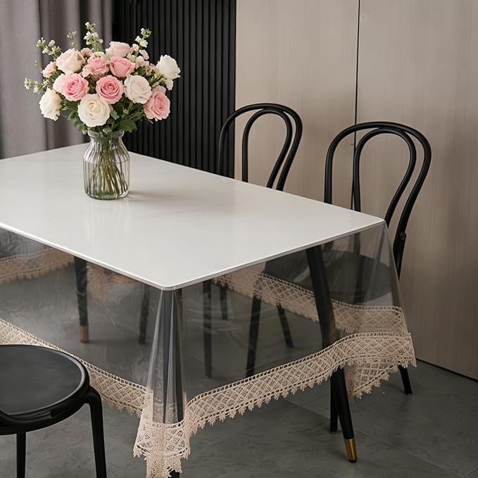 Clear Vinyl Tablecloth Protector – Waterproof Rectangular Table Cover with lace Trim for Dining, Kitchen, Party, Indoor & Outdoor Use (84"x60")