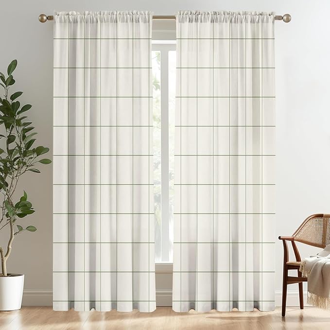 Plaid Curtains 84 inches Long for Bedroom,Farmhouse Gingham Curtains 84 Inches Long for Living Room,Beige Sage Green Gingham Checkered Rod Pocket Light Filtering Stripes Privacy Drapes 2 Panels
