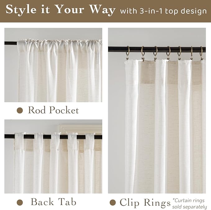 RYB HOME Sheer Linen Curtains Extra Long Light Airy Privacy Protected High Ceiling Window Curtains for Bedroom Living Room, Rod Pocket & Back Tab, Ivory, W 52 x L 120 inch, Set of 2