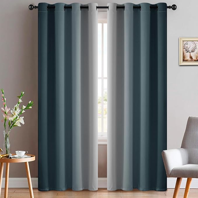 Yakamok Ombre Curtains Stone Blue and Greyish White for Living Room,52Wx84L | Room Darkening Curtains 84,Thermal Insulated Gradient Color Drape,Light Blocking Grommet Window Curtains for Bedroom,2 Panels