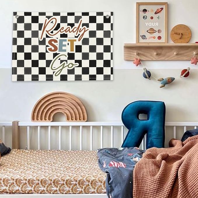 RTXLEZM Race Car Room Decor for Boys, Ready Set Go Canvas Banner | Trendy Checkered Race Car Room Wall Hanging for Toddler Boys Nursery Bedroom Playroom Decor, 20x30 Inch