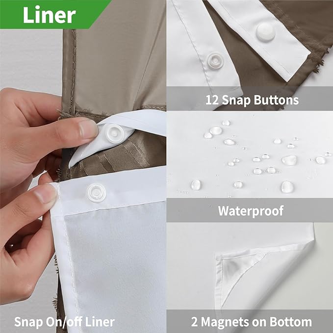 eachope no Hook Shower Curtain and Liner Set，Boho Style with See Through Top Window, Brown Fabric Tufted Striped Textured Outer Curtain & Waterproof Inner Liner, Brown, 71Wx86H