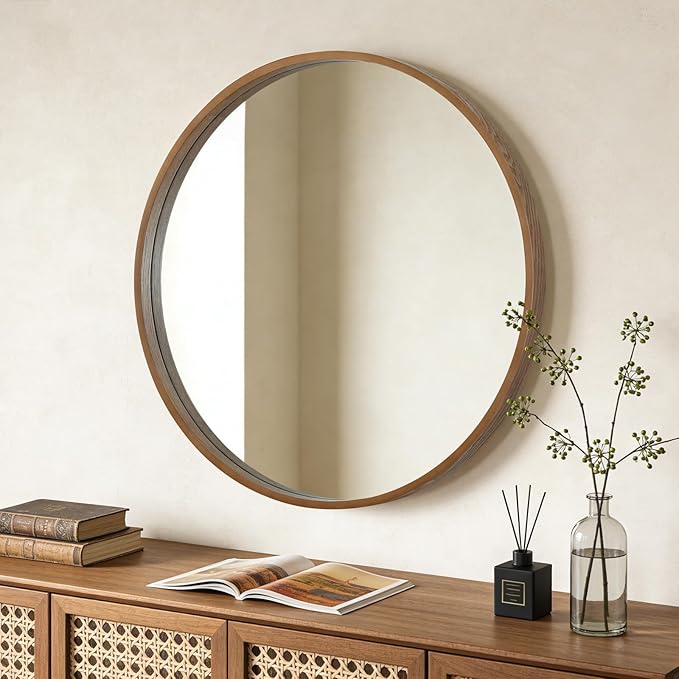 WallBeyond Round Wood Mirror, 36" Round Modern Decoration Large Circle Wall Mirror for Bathroom Living Room Bedroom Entryway, Walnut