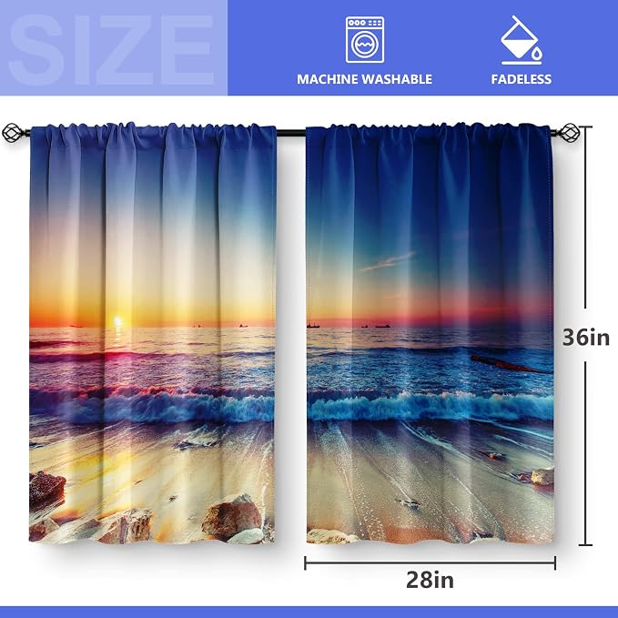 Beach Sunset Country Kitchen Curtains - Rustic Summer Ocean Short Cafe Bathroom Decor Sink Tier Tropical Hawaiian Scenery Rod Pocket Window Drapes 2 Panels set 28" x 36"