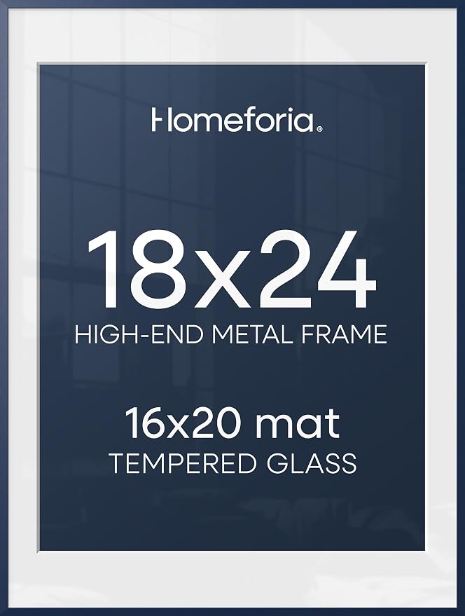 Homeforia 18x24 Frame Navy Blue, High End Metal 18x24 Poster Frames with Mat 16x20 inch Photo, 18 x 24 Navy Blue Picture Frame Matted to 16 by 20 Print, 24x18 Frame, Tempered Glass, Wall Kit, Set of 2
