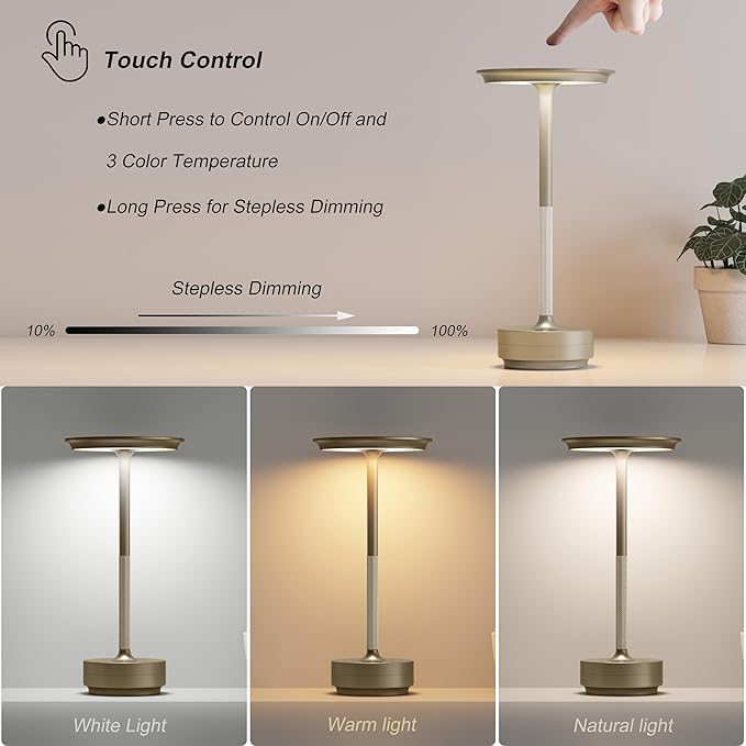 TBBGA 1 Pack Rechargeable Table Lamps Cordless, Portable 5000mAh Outdoor Table Light, 3 Color Stepless Dimming LED Table Lamp with Memory Function, for Home/Dinner/Patio/Restaurant.(Champagne Gold)
