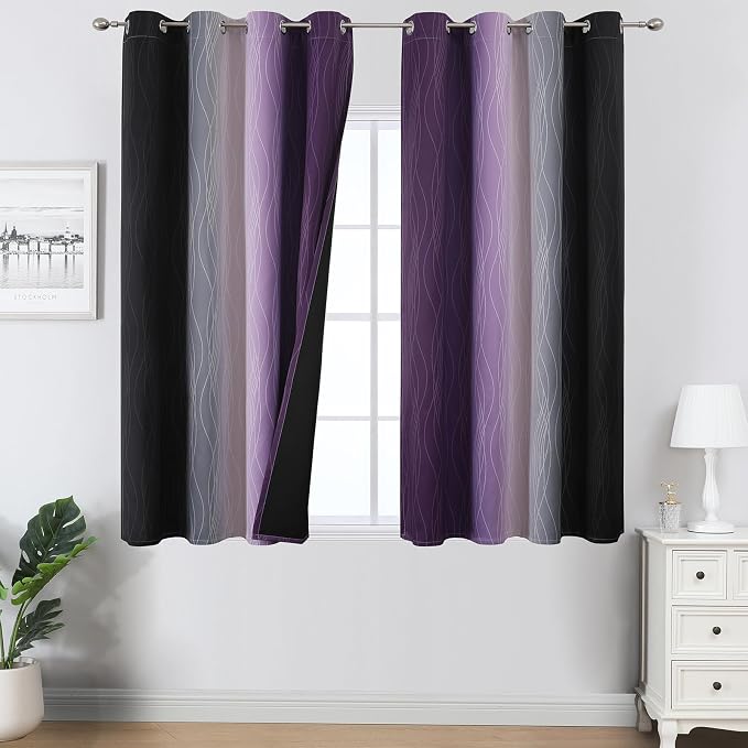 Estelar Textiler Black and Purple Ombre Blackout Curtains 45 Inch Length 2 Panels, Full Room Darkening Gradient Drapes for Bedroom, Thermal Insulated Grommet Short Curtains for Bathroom,52Wx45L