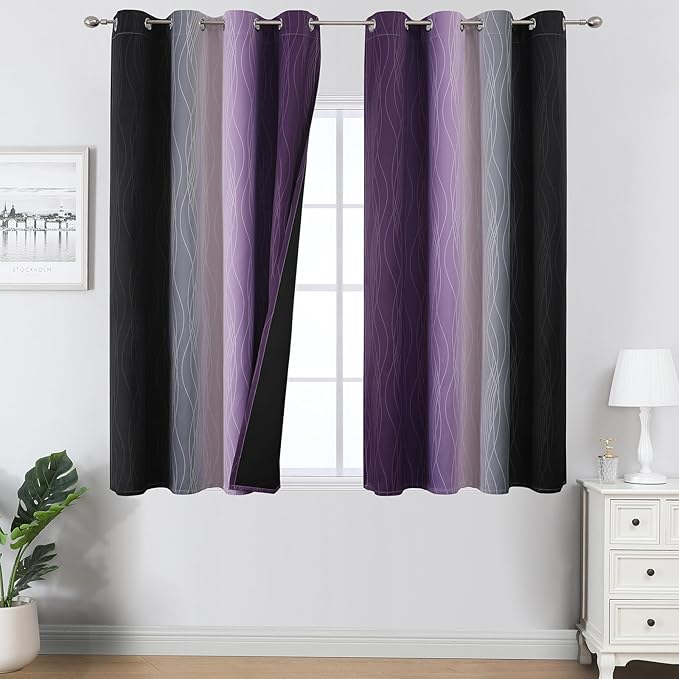 Estelar Textiler Black and Purple Ombre Blackout Curtains 54 Inch Length 2 Panels, Full Room Darkening Gradient Drapes for Window, Thermal Insulated Grommet Short Curtains for Bedroom,52Wx54L