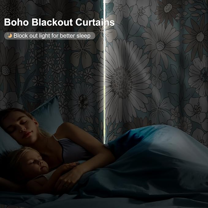 Boho Blackout Curtains for Bedroom and Living Room, Black Out Curtains 84 Inch Long 2 Panels Set with Rope Tassels Curtain Tiebacks, Floral Patterned Grommet Thermal Insulated Room Darkening Drapes