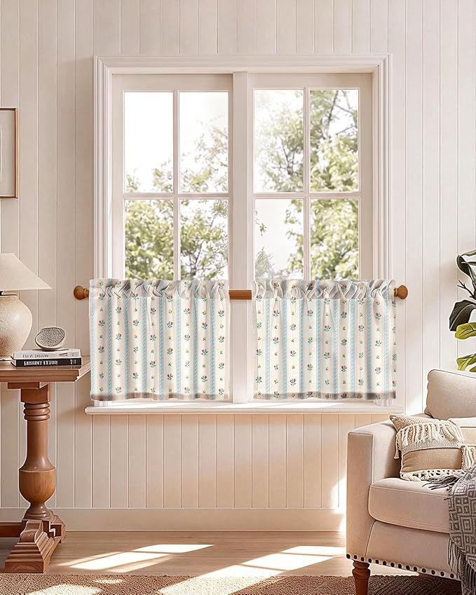 Miss Adola Farmhouse Kitchen Tier Curtains - 18 Inch Length Linen Blend Boho Cafe Curtains Blue Floral Small Window Treatments Over Sink Rod Pocket for Bathroom Living Room Light Filtering, 2 Panels