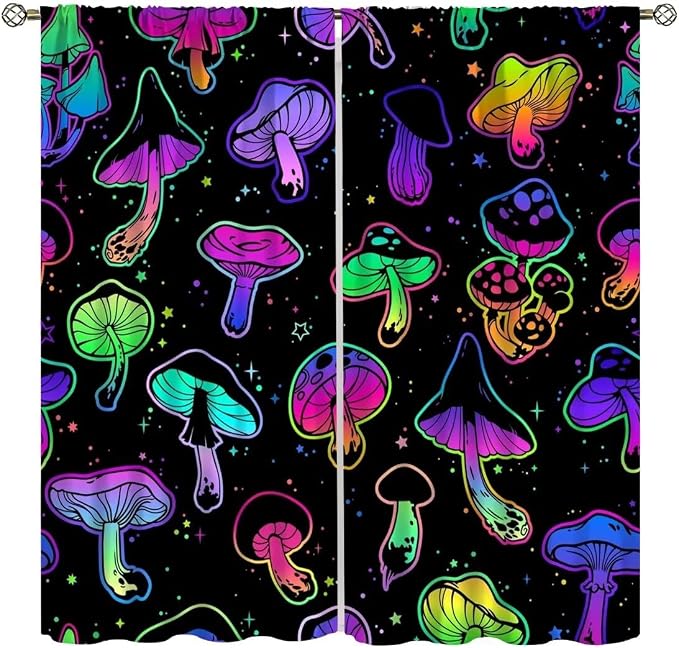 Mushroom Curtains Colorful Cartoon Plant Print Window Treatments for Bedroom Living Room Kitchen Fantasy Psychedelic Mushroom Window Drapes 2 Panels Set,Total Size 84 x 84 Inch