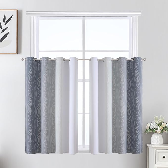Estelar Textiler Grey and Greyish White Ombre Short Blackout Curtains 36 Inch Long, Thermal Insulated Grommet Small Half Window Drapes for Cafe/Basement/RV Camper/Kitchen, 52Wx36L, 2 Panels, Gray