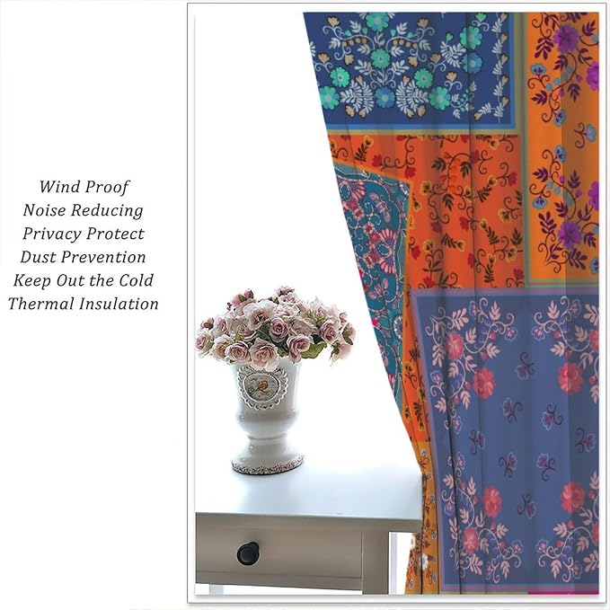Bohemian Patchwork Blackout Curtains, Paisley Floral Print Window Treatments, for Bedrooms, Living Rooms, and Kitchens55X63 Inch