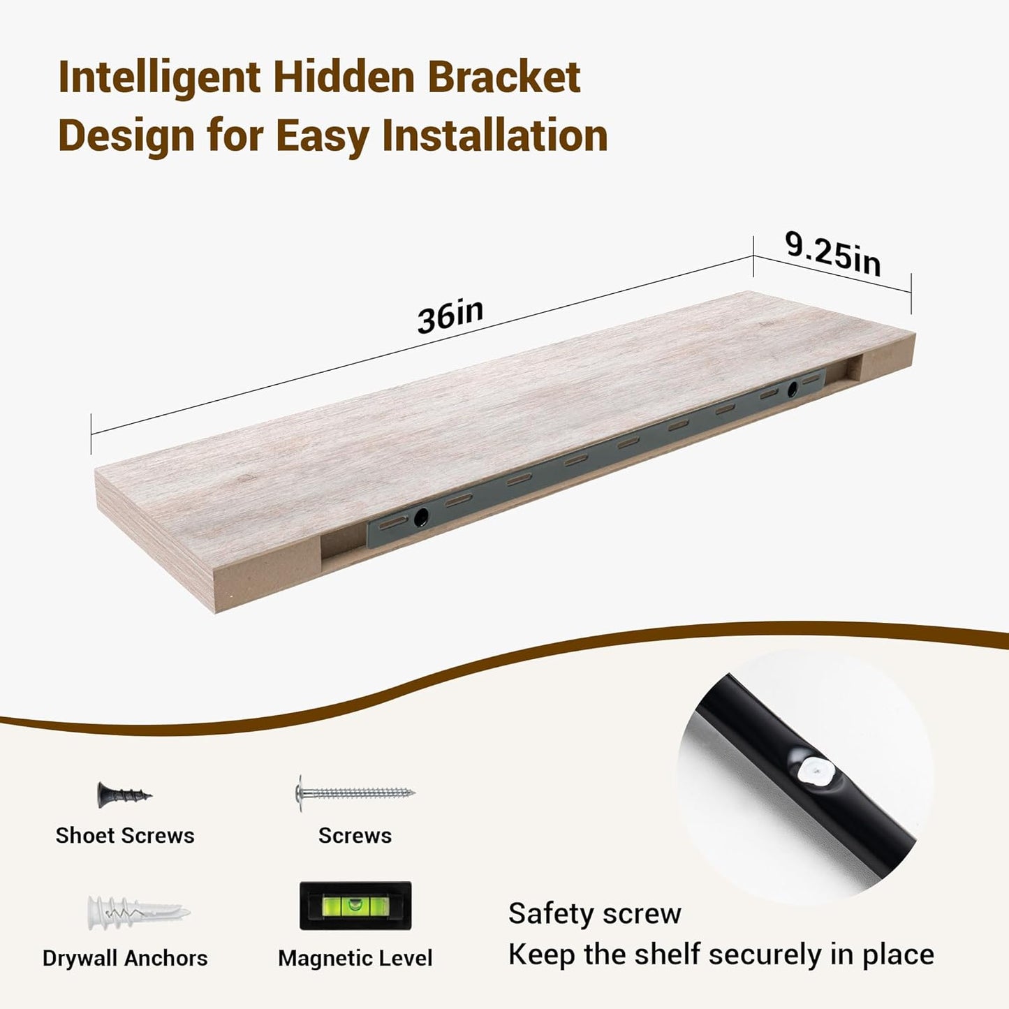 36 Inch Floating Shelves, 3D Textured Wood Grain, 36"x9.25"x1.5" Inch Deep Floating Shelves for Wall, Wooden Shelves for Bathroom, Bedroom, Living Room, Washed White