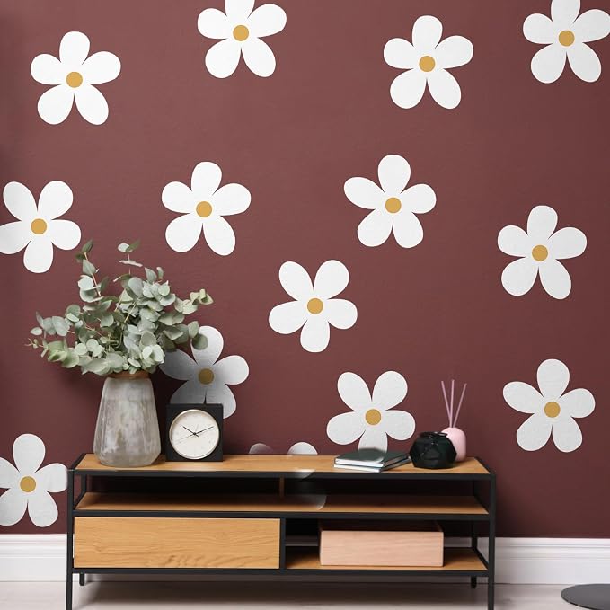 TaoBary 12 Sheet Daisy Wall Sticker Decal Removable Cute Daisy Bedroom Room Decor Flower Wall Sticker Pink White Flower Decal Wallpaper Peel and Stick for Nursery Home(White, Yellow,Charming Style)