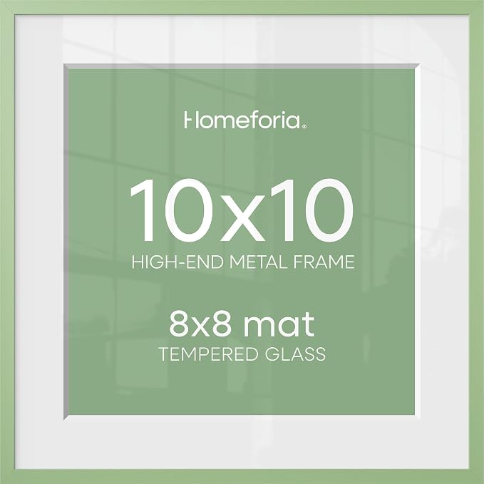 Homeforia 10x10 Picture Frame Sage Green, High End Metal 10 by 10 Square Frames with Mat 8 x 8 Photo, 10by10 Poster Frame Matted to 8x8 Art, Wall or Tabletop Frames, Tempered Glass, Wall Kit, Set of 2