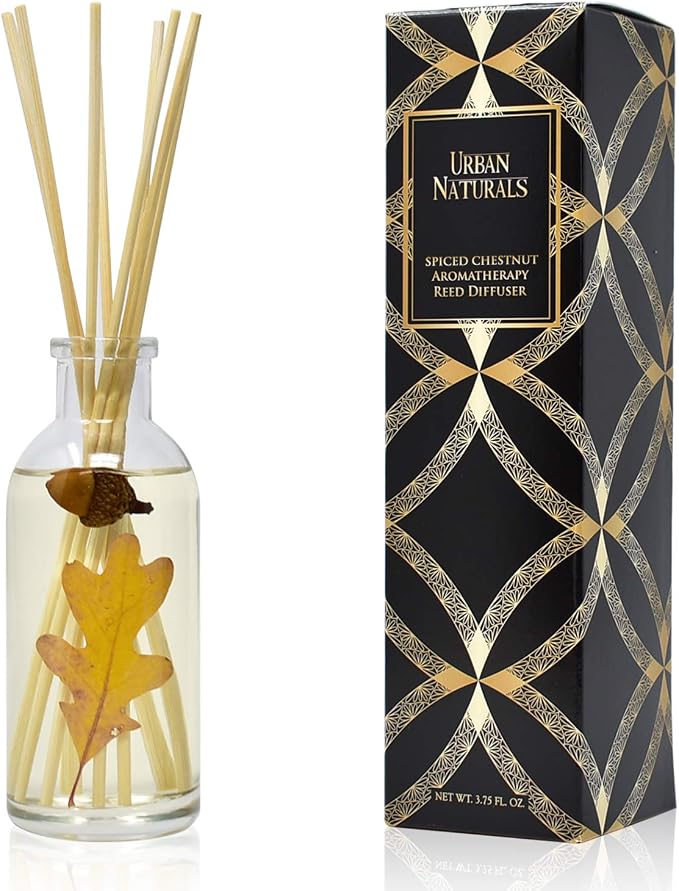 Urban Naturals Reed Diffuser Set, Spiced Chestnut - Bathroom Shelf Décor | Comforting Autumn Scent of Chestnuts, Cinnamon, Clove and Cedar wood with REAL Acorns and Fall Leaves
